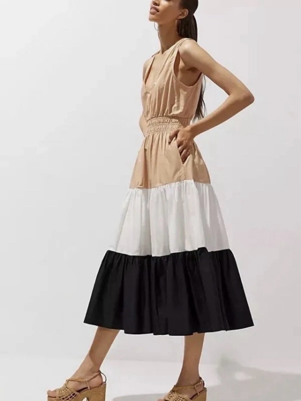 Anthropologie Maeve Tiered Colorblock Midi Dress, Tan/Black/White Size 4